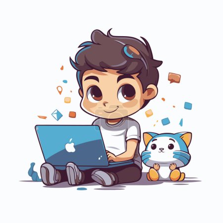 Téléchargez les illustrations : Illustration vectorielle d'un petit garçon mignon avec un ordinateur portable et un chat - en licence libre de droit