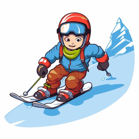 Téléchargez les illustrations : Cartoon skieur garçon dans le casque ski alpin. Illustration vectorielle. - en licence libre de droit
