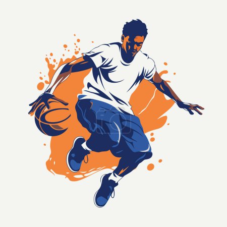 Illustration for Basketball player jumping with ball. vector illustration. Design element. - Royalty Free Image