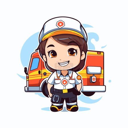 Téléchargez les illustrations : Mignon petit pompier en uniforme et casque avec camion de pompiers. Illustration vectorielle. - en licence libre de droit