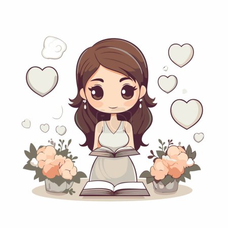 Téléchargez les illustrations : Mignon dessin animé fille lecture d'un livre avec des fleurs et des cœurs autour d'elle - en licence libre de droit