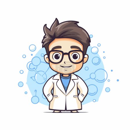 Illustration for Cartoon boy scientist in lab coat and glasses. Vector illustration. - Royalty Free Image