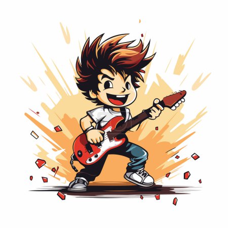 Téléchargez les illustrations : Cartoon boy jouant de la guitare électrique. Illustration vectorielle sur fond blanc. - en licence libre de droit