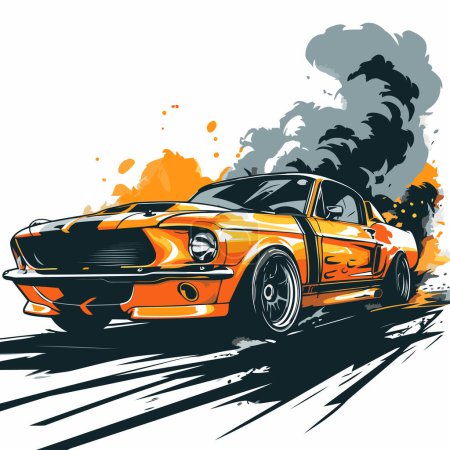 Téléchargez les illustrations : Image vectorielle d'une voiture de sport sur fond de fumée et de flammes - en licence libre de droit