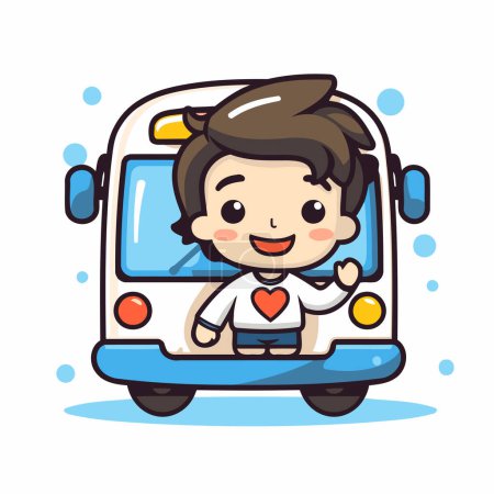 Ilustración de Autobús escolar con ilustración de vectores de dibujos animados chico lindo. Autobús escolar infantil. - Imagen libre de derechos