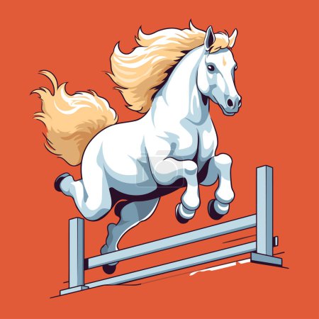 Téléchargez les illustrations : Cheval blanc sautant par-dessus l'obstacle sur fond orange. Illustration vectorielle de dessin animé. - en licence libre de droit