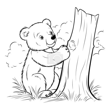 Téléchargez les illustrations : Livre à colorier pour enfants : ours dessin animé mignon avec un arbre. - en licence libre de droit