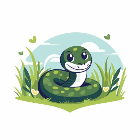 Illustration for Cute green snake on the grass. Vector illustration in cartoon style. - Royalty Free Image