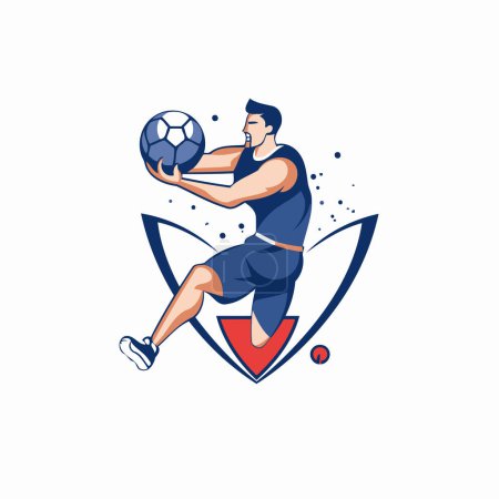 Téléchargez les illustrations : Joueur de football en action avec boule et vecteur de bouclier Illustration sur fond blanc - en licence libre de droit