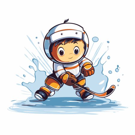 Illustration for Cute little boy playing ice hockey. Vector illustration of a kid playing ice hockey. - Royalty Free Image