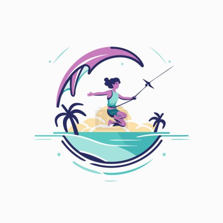Illustration for Kitesurfing girl on a tropical island. Vector illustration in flat style - Royalty Free Image