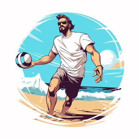 Illustration for Bearded man playing volleyball on the beach. Vector illustration in retro style. - Royalty Free Image
