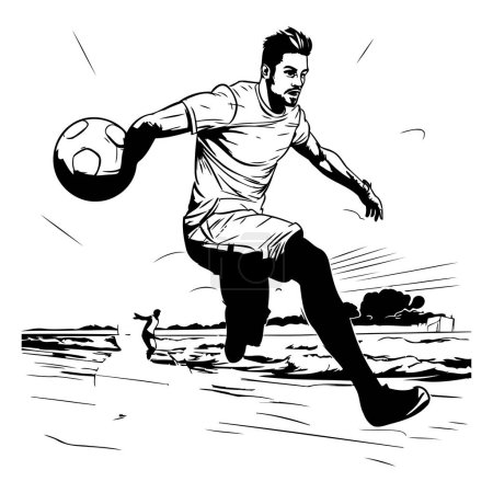 Illustration for Soccer player jumping with ball. Black and white vector illustration. - Royalty Free Image