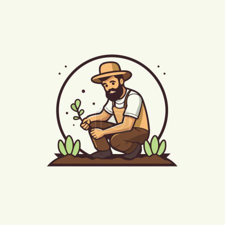 Illustration for Gardener in hat and gloves working in garden vector illustration. - Royalty Free Image