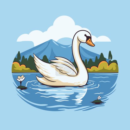 Téléchargez les illustrations : Cygne nageant sur le lac. Illustration vectorielle dans le style dessin animé. - en licence libre de droit