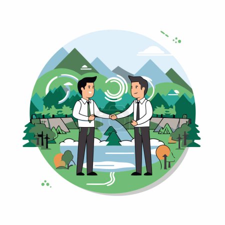 Téléchargez les illustrations : Hommes d'affaires serrant la main dans la forêt illustration vectorielle icône ronde design graphique - en licence libre de droit