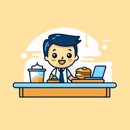 Téléchargez les illustrations : Un homme d'affaires qui boit du café et mange un hamburger. Illustration vectorielle. - en licence libre de droit