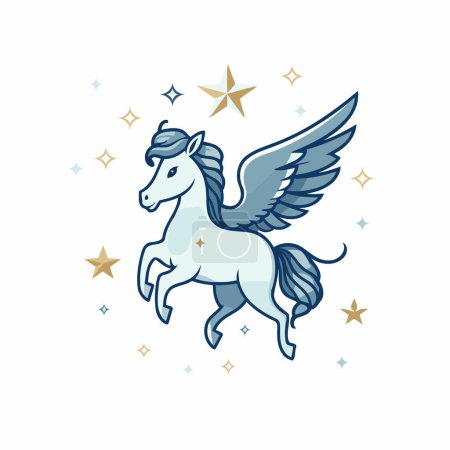 Ilustración de Unicornio con alas y estrellas. Ilustración vectorial en estilo de dibujos animados. - Imagen libre de derechos
