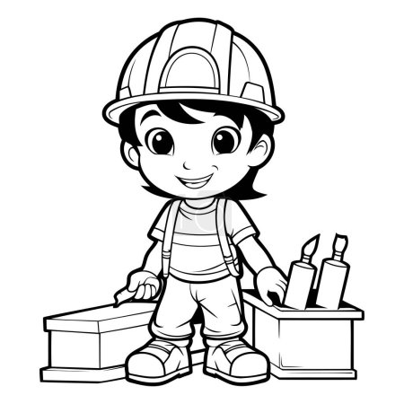 Téléchargez les illustrations : Illustration d'un petit garçon avec des outils de construction - Livre à colorier - en licence libre de droit