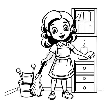 linda niña limpieza de la casa de dibujos animados vector ilustración diseño gráfico en blanco y negro