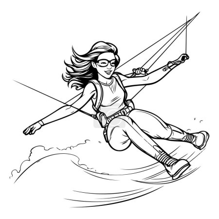 Ilustración de Kitesurf - chica kitesurfer. Ilustración vectorial en blanco y negro. - Imagen libre de derechos