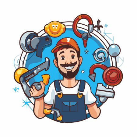 Illustration for Repairman with tools. Vector illustration in cartoon style on white background. - Royalty Free Image