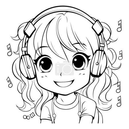 Illustration for Black and white illustration of a girl with headphones listening to music. - Royalty Free Image