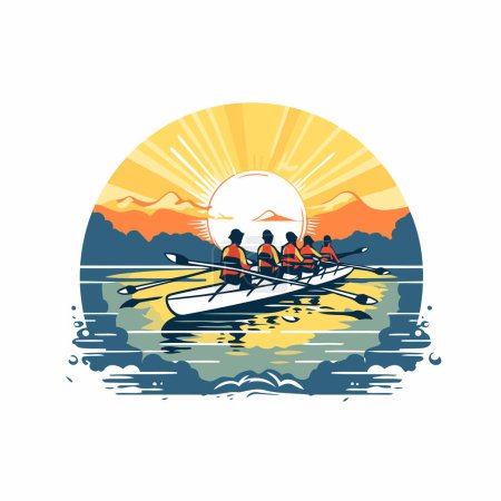 Illustration for Group of people rowing on the lake at sunset. Vector illustration. - Royalty Free Image