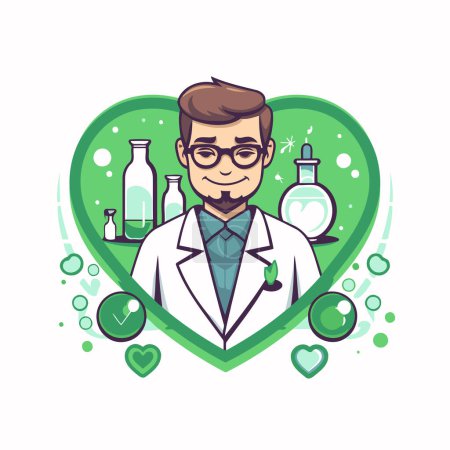 Illustration for Scientist man in green heart. Vector illustration in cartoon style. - Royalty Free Image
