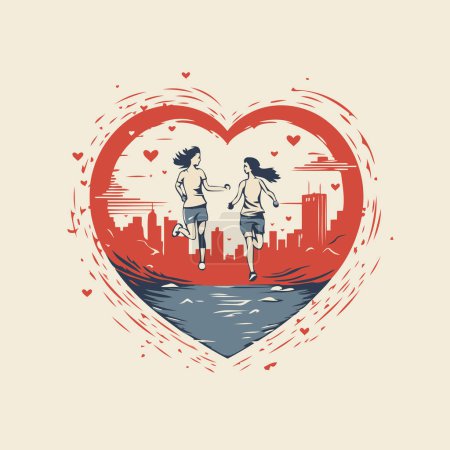 Illustration for Running couple in the city on the background of heart. Vector illustration. - Royalty Free Image