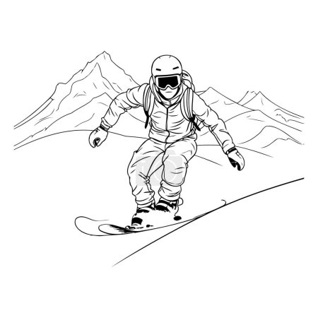 Téléchargez les illustrations : Snowboarder dans les montagnes. esquisse pour votre design. Illustration vectorielle - en licence libre de droit