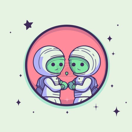 Téléchargez les photos : Couple d'astronautes en cercle. Illustration vectorielle. Mignon personnage de dessin animé. - en image libre de droit