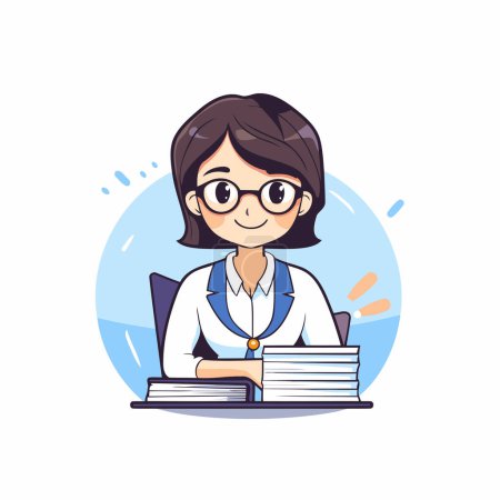 Illustration for Cartoon female doctor in glasses sitting at the table with books. Vector illustration. - Royalty Free Image