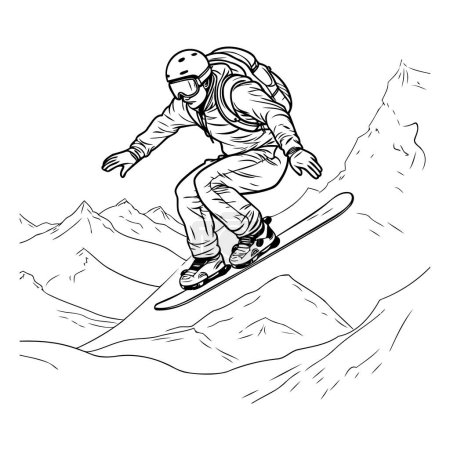 Illustration for Snowboarder jumping on the mountains. Vector hand drawn illustration. - Royalty Free Image