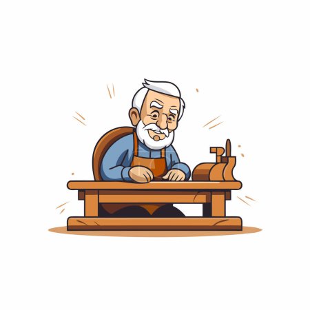 Old man sitting on the bench and playing chess. vector illustration.