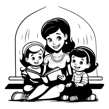 Téléchargez les illustrations : Femme musulmane lisant un livre avec ses enfants. illustration vectorielle de dessin animé. - en licence libre de droit