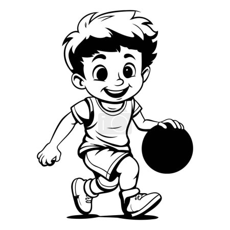 Illustration for Boy playing rugby ball - Black and White Cartoon Illustration. Vector - Royalty Free Image