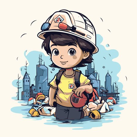 Illustration for Cartoon fireman in the city. Vector illustration for your design - Royalty Free Image