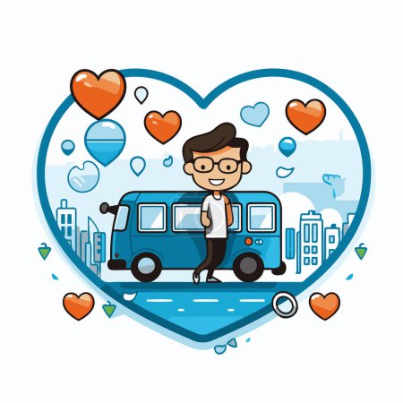 Téléchargez les illustrations : Illustration vectorielle d'un homme à lunettes conduisant un bus en forme de cœur. - en licence libre de droit