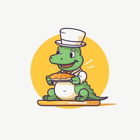 Téléchargez les illustrations : Mignon crocodile dans un chapeau avec un sandwich. Illustration vectorielle. - en licence libre de droit