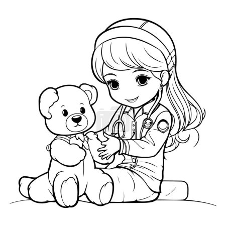 Téléchargez les illustrations : Coloriage Aperçu d'un médecin ou d'une infirmière avec ours en peluche - en licence libre de droit