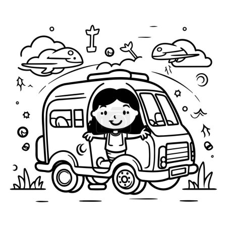 Illustration for Vector illustration of happy little girl riding a minivan. Black and white drawing. - Royalty Free Image