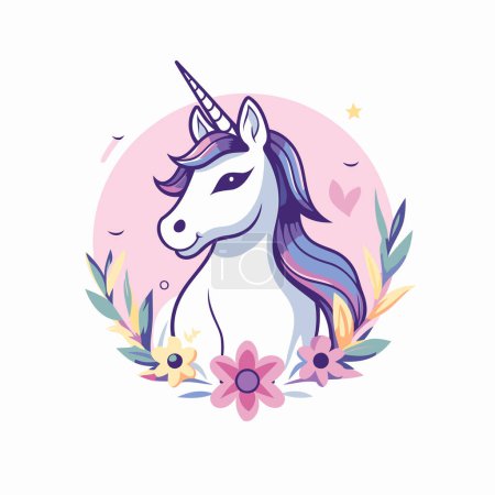Ilustración de Unicornio con flores y hojas. Ilustración vectorial en estilo de dibujos animados. - Imagen libre de derechos