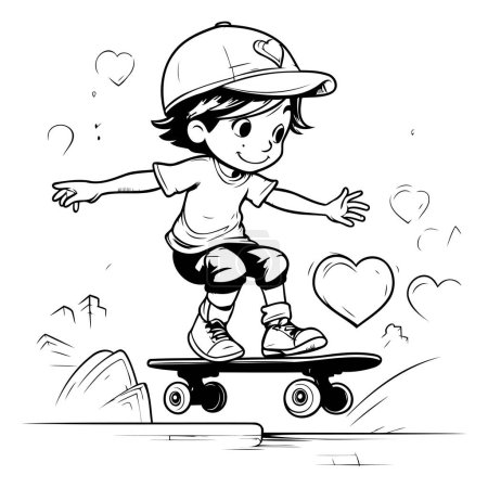Boy Skateboarding - Black and White Cartoon Illustration. Vector