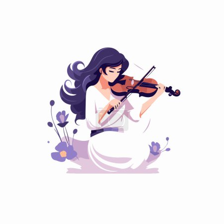 Téléchargez les illustrations : Belle fille jouant du violon. Illustration vectorielle en style plat. - en licence libre de droit