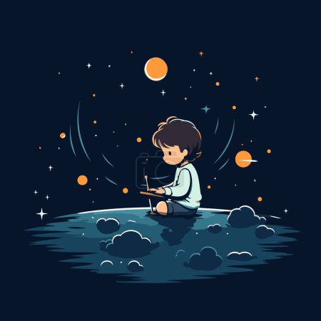 Illustration for Cute little boy sitting on the moon and reading book. Vector illustration - Royalty Free Image