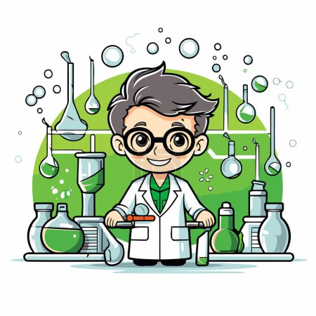 Illustration for Scientist boy cartoon character with chemical flasks. Vector illustration. - Royalty Free Image