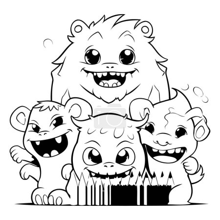 Ilustración de Dibujos animados en blanco y negro Ilustración de animales divertidos Grupo Libro para colorear - Imagen libre de derechos