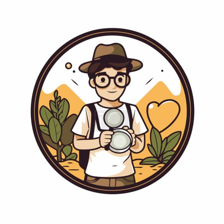 Illustration for Vector illustration of a young man holding a magnifying glass and looking at the landscape. - Royalty Free Image