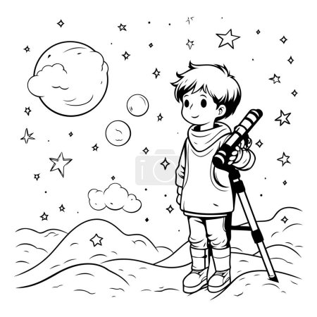 Téléchargez les illustrations : Garçon avec télescope et lune. Illustration vectorielle. Livre à colorier pour enfants. - en licence libre de droit